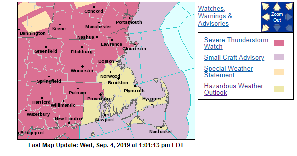 NWSBoston's tweet photo. A Severe Thunderstorm Watch has been issued until 9 PM this evening for most of southern New England. https://t.co/fWaFX52j8E