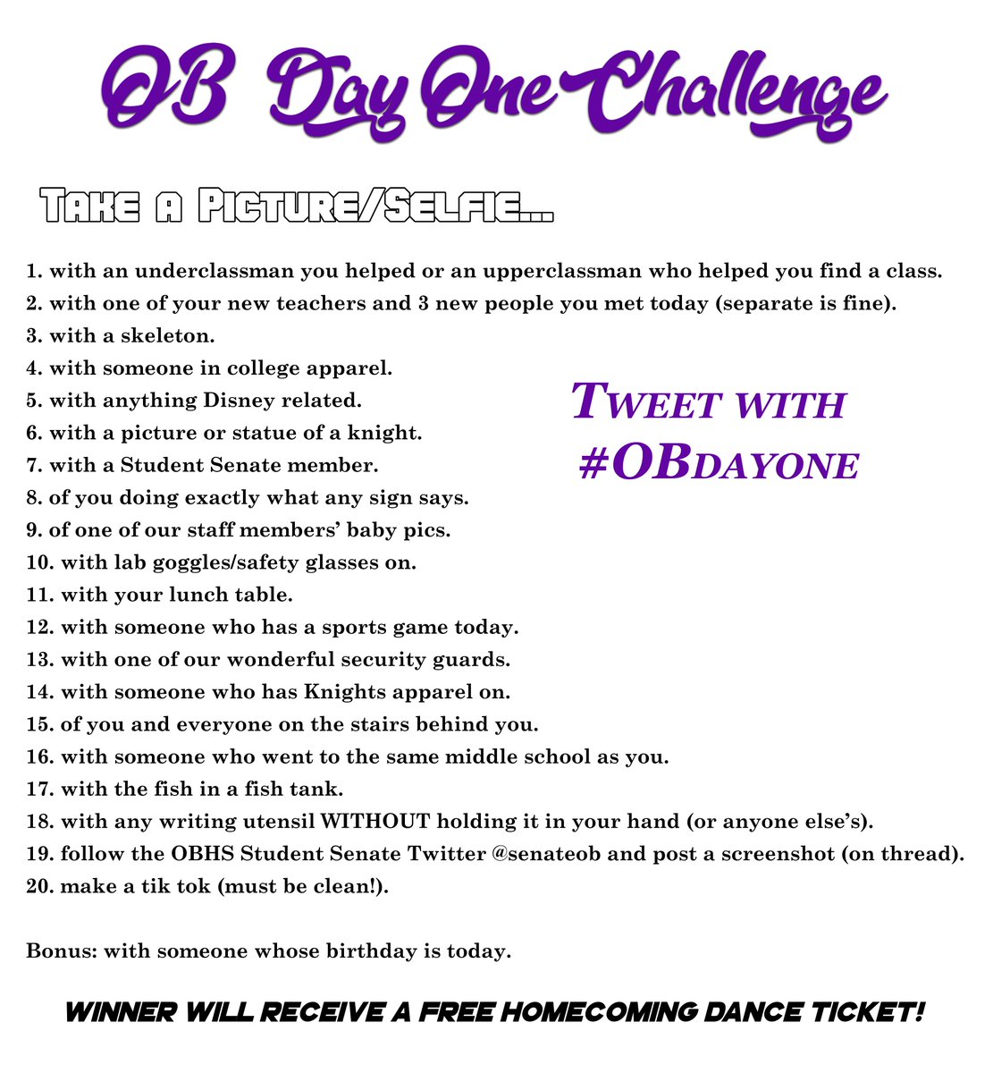Attention #OBHS students...Let's make Day One a Challenge. Winners get free Homecoming Tickets. Tweet with #OBdayone Can't wait to see you all! 💜🖤