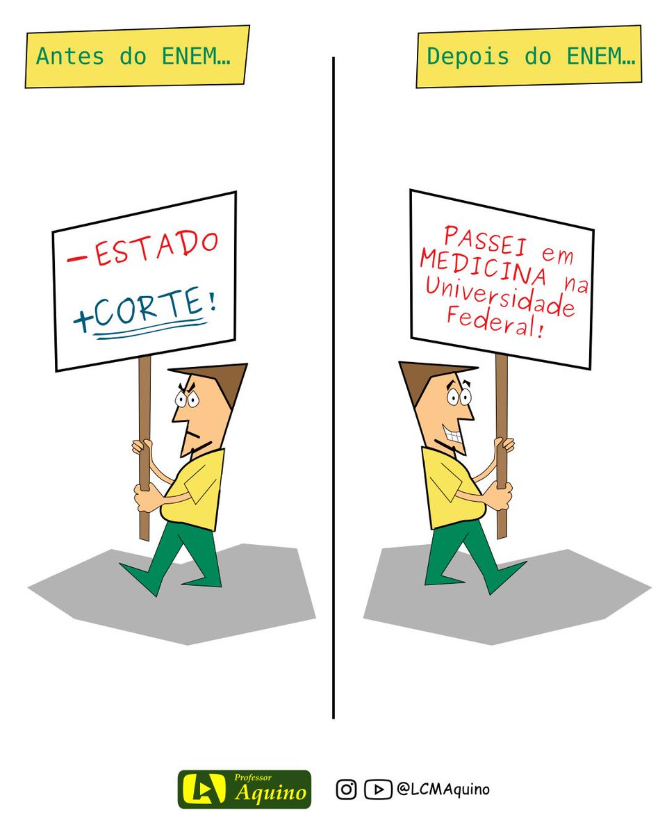 lcmaquino's tweet photo. Antes e depois do #ENEM. Será que ainda vai sobrar a universidade? 🤔 https://t.co/zrT36sA0wn