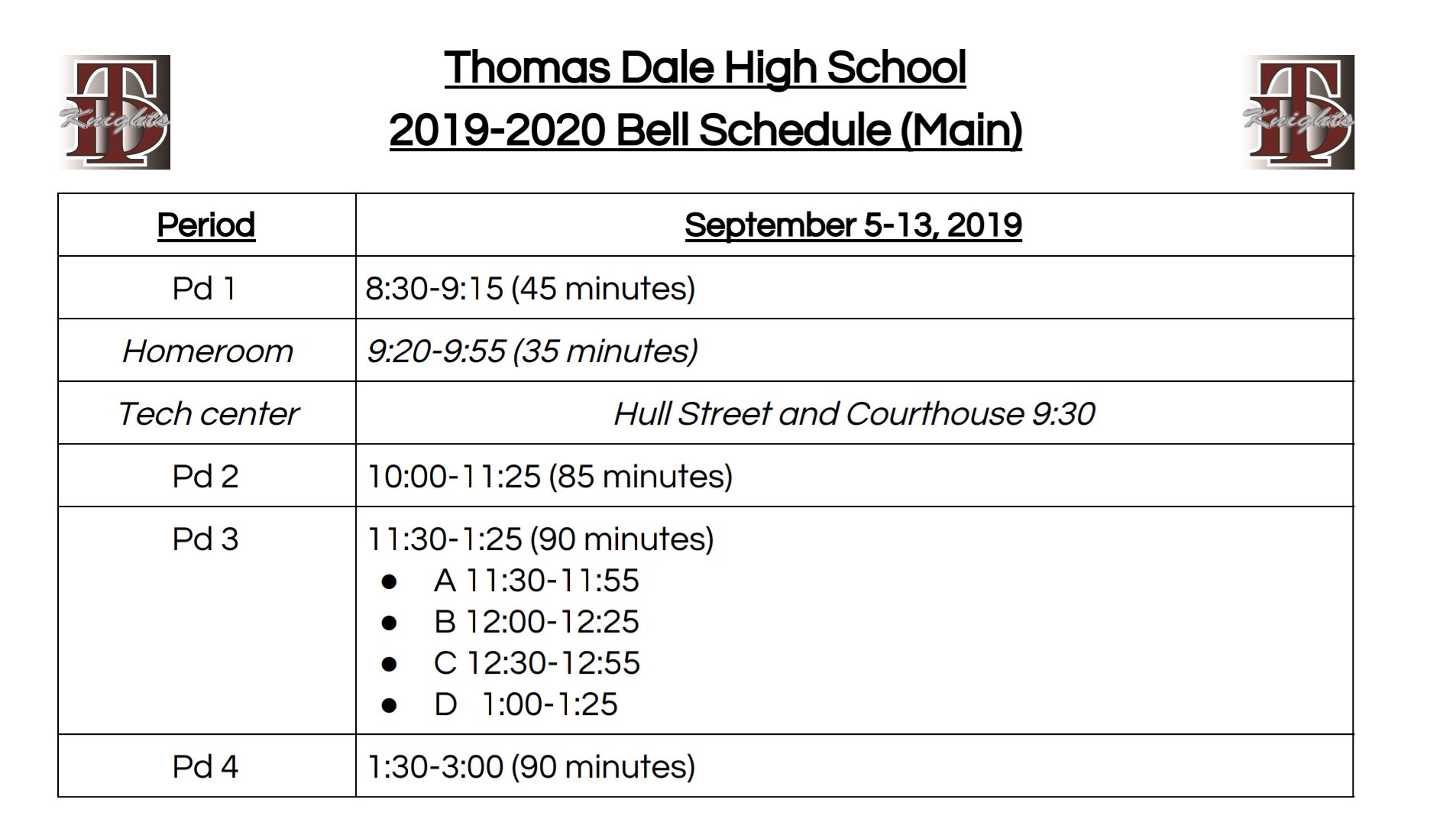 Thomas Dale Hs Tomorrow Is The First Official Odd Day Of The Year Save The Bell Schedules Below At West This Is Our Bell Schedule For The Year At Main