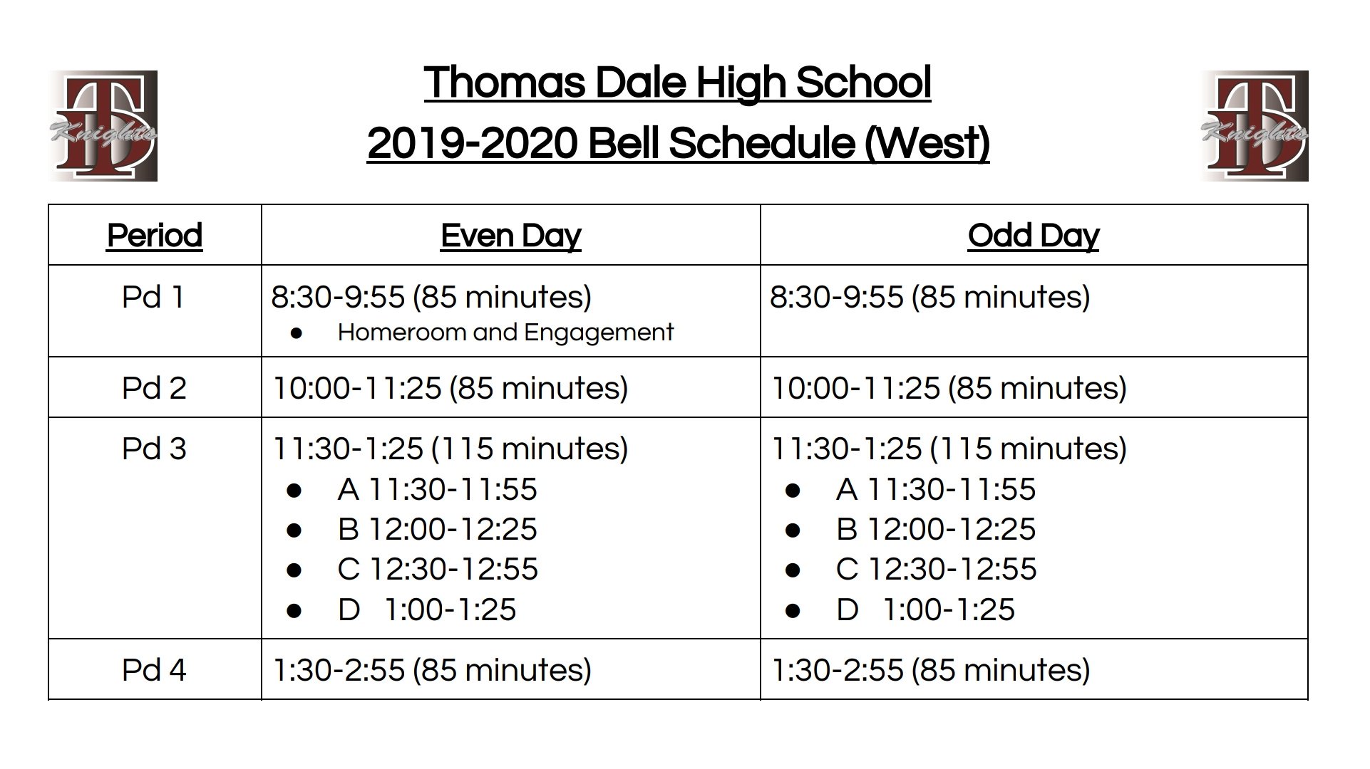 Thomas Dale Hs Tomorrow Is The First Official Odd Day Of The Year Save The Bell Schedules Below At West This Is Our Bell Schedule For The Year At Main