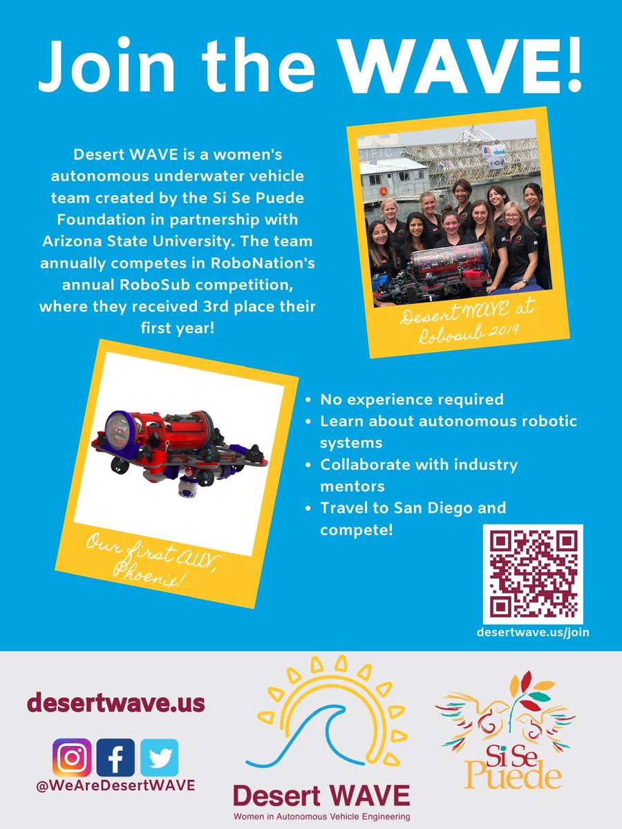 WeAreDesertWAVE's tweet photo. Interested in joining Desert WAVE? Visit https://t.co/KFqqr8FvsH to learn more!
βοΈ #ASU #ASUPolytechnic #wearerobonation #womenintech #womeninstem #girlswhocode #stemsquad #stem #girlengineer #womeninengineering π€ https://t.co/5uKZDJF3k6