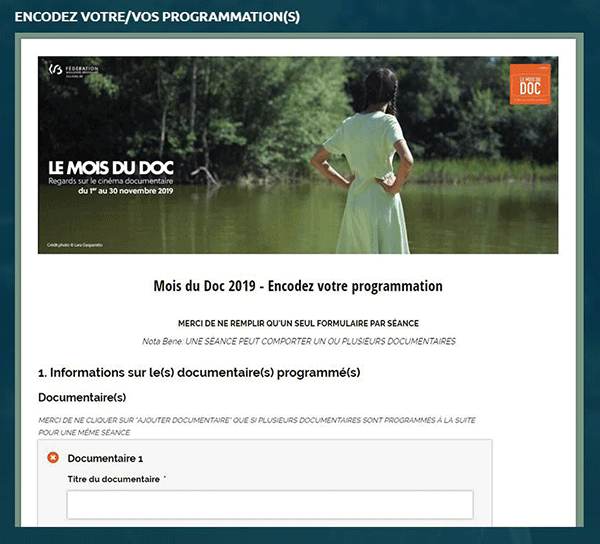 [PRO]
ENCODEZ VOTRE PROGRAMMATION !
Vous avez choisi votre/vos film(s) ? Votre programmation a été validée par la coordination du Mois du Doc ?  Encodez-la via le formulaire en ligne sur le site du Mois du Doc bit.ly/2jZVIgd
Deadline: 30 sept. 2019 #moisdudoc
