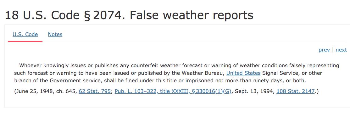 Chris Megerian (@chrismegerian) on Twitter photo It's actually against the law to present a false weather forecast and suggest that it was issued by the U.S. government (h/t <a href="/wxdam/">Dennis Mersereau</a>) It's actually against the law to present a false weather forecast and suggest that it was issued by the U.S. government (h/t <a href="/wxdam/">Dennis Mersereau</a>)