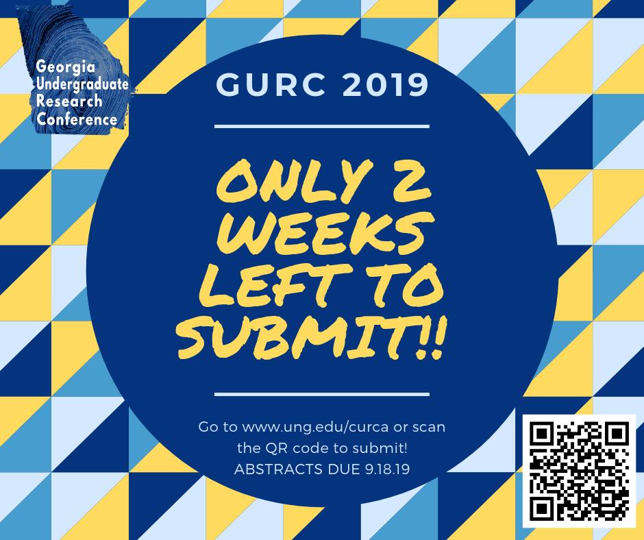GeorgiaURC's tweet photo. 2 WEEKS LEFT to submit your abstract for GURC! See https://t.co/xqWHR1zHha for more info, or scan the QR code to submit! #gurc2019 #gurc #undergraduateresearch #UNG https://t.co/ilRZqaNU1x