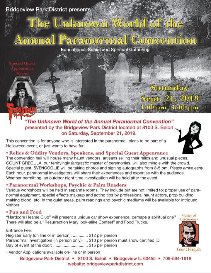 Count_Gregula's tweet photo. I vill be Master of Ceremonies at "The Unknown World of the Annual Paranormal Convention" on September 21 at the Bridgeview Park District. @Svengoolie from @wciu & @MeTV vill be there from 3-5PM. More info: https://t.co/CeIoUPwP6N #TeamGregula #CNBlog #CountGregula #Svengoolie https://t.co/mMrFE3myOh