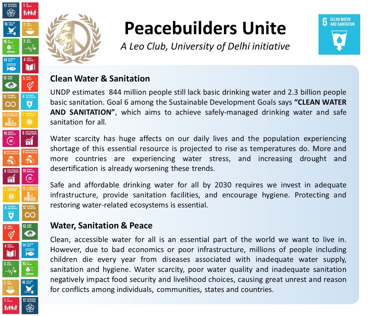 PeacebuildersU's tweet photo. UNDP estimates  844 million people still lack basic drinking water and 2.3 billion people basic sanitation. 
#Peacebuilders_Unite #peace #youth #informativewednesday #leo #weserve #security #leosdu #UN #UnitedNations #SDGs #CleanWater #Sanitation #NoToOpenDefemation #SDG6 https://t.co/am4qIMjC8w