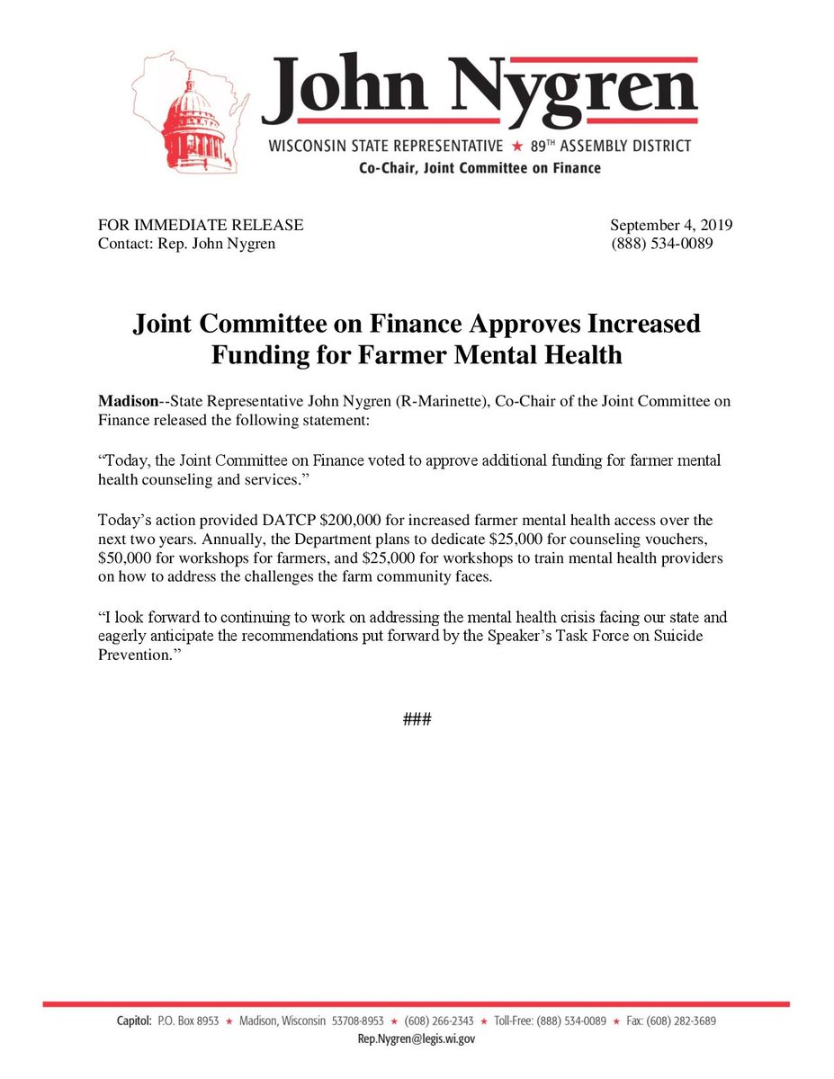 Today the Joint Committee on Finance approved increased funding for farmer mental health. Read my statement below: