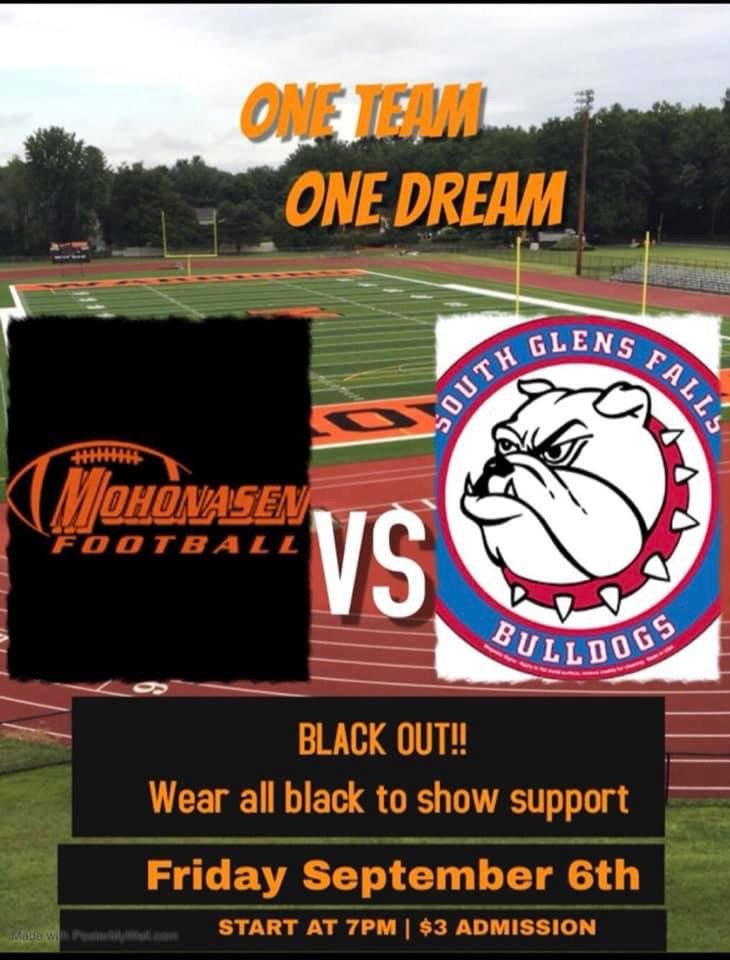 Come on out and support our varsity football team as they take on South Glens Falls at home in their season opener.  Game time is set for 7:00 PM.

@MohonHS 
<a href="/MohonCSD/">MohonCSD</a> 
<a href="/MohonasenFball/">Mohonasen Football</a> 
@MightyPrincipal