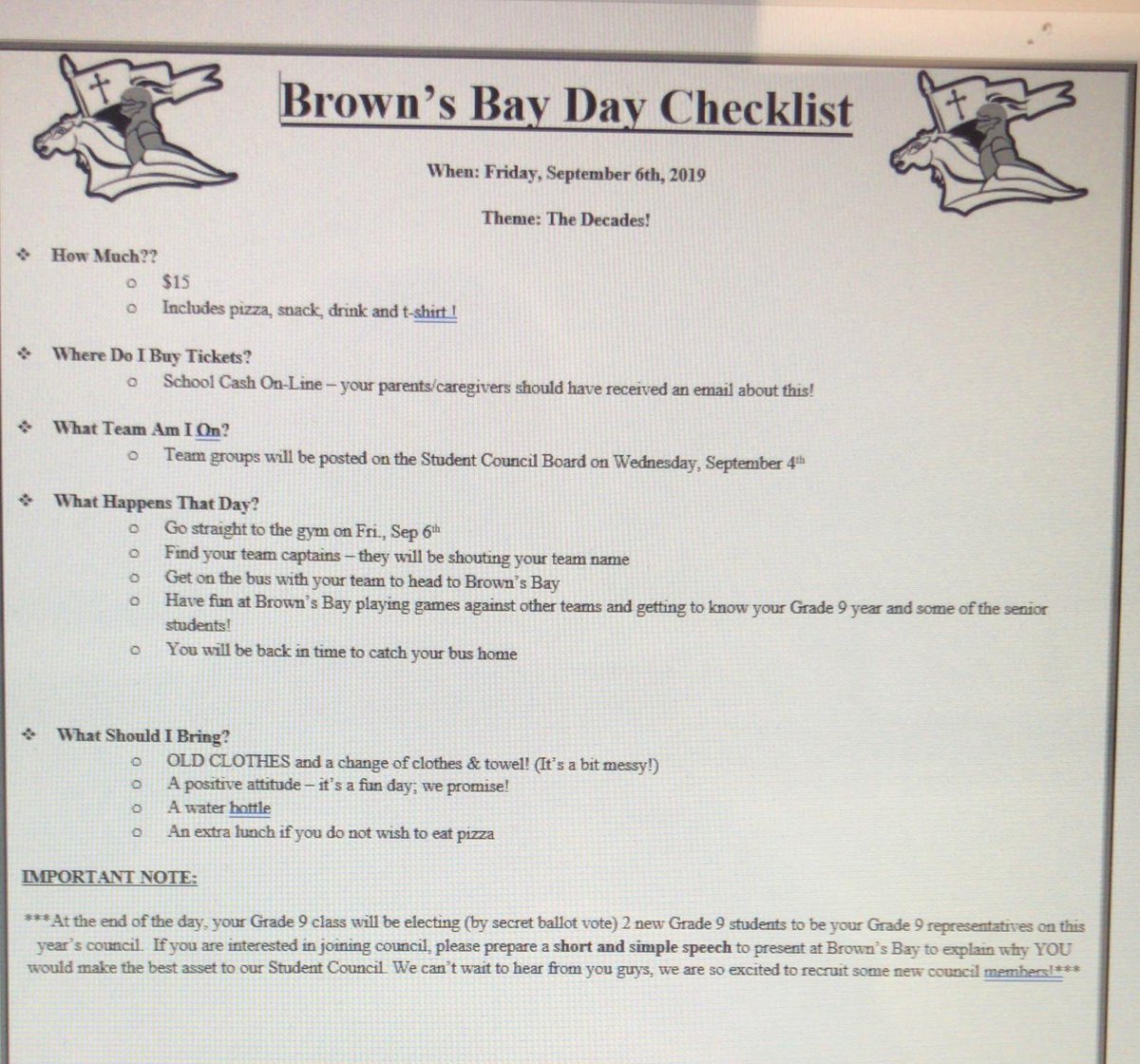 CrusaderCouncil's tweet photo. Attention to all of our new grade 9’s!! Pay attention to our browns bay day checklist and be sure to buy your ticket soon! https://t.co/7J42OGIJlM