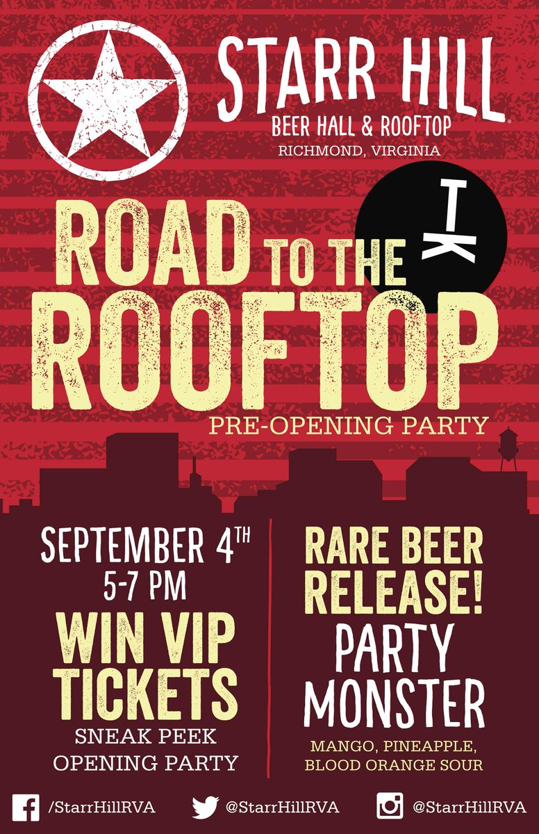 Yo #RVA next stop on the ROAD TO THE ROOFTOP 🎉
📍Tazza Kitchen Scott's Addition 9/4, 5-7p sampling 🍊🍍🥭 P A R T Y  M O N S T E R tropical sour. Join us for 🐪 #HumpDay #HappyHour 🍺

You could end up at our special sneak peek soft opening! RSVP: facebook.com/events/2293533…