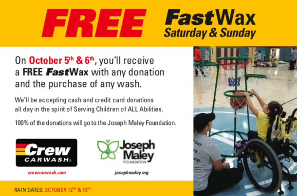 JosephMaleyJMF's tweet photo. Join us on OCTOBER 5 AND 6 at all @Crew_Carwash locations for a fundraiser benefiting the Joseph Maley Foundation! You'll get a FREE FastWax with any donation and purchase of any wash! 

Want to volunteer for this event? Sign up today: https://t.co/avYKTt99UP https://t.co/5HOCe8a2L5