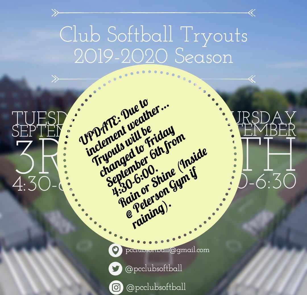 pcclubsoftball's tweet photo. TRYOUT UPDATE: Due to inclement weather, PCCSB Tryouts will be changed to Friday September 6th from 4:30-6:00. Friday will be on, rain or shine ( Inside @ Peterson Gym if raining). Thanks! https://t.co/KNpwTpu4FS
