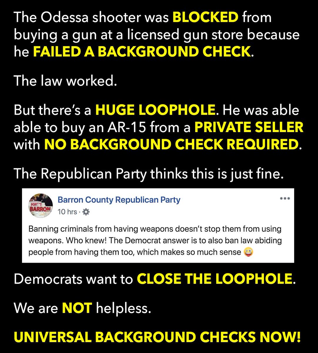 BarronDems's tweet image. The "party of law &amp;amp; order" is out here saying we don't need to strengthen gun laws because mass murderers don't follow the law.
Using that #logic... Why have any laws at all? 🤷‍♀️
#UniversalBackgroundChecks #guns #GunReform #Republicans #wipolitics #MassacreMitch #MassShootings