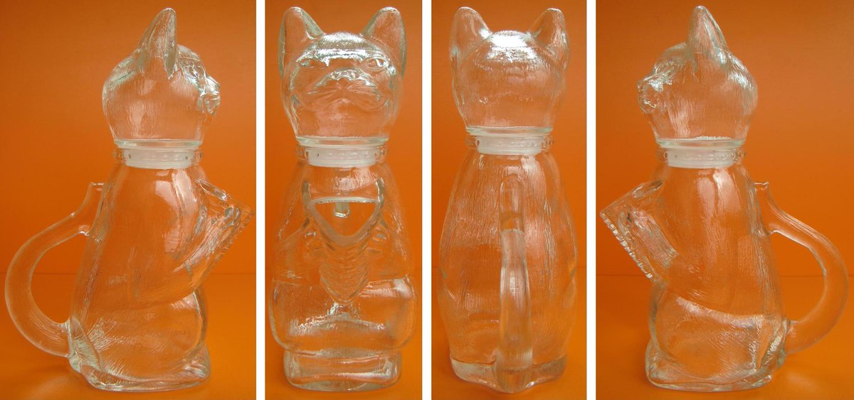 Oh quite a bit of good looking vintage glass around in this week's #vintageshowandsell.

So I will add this WMF glass cat decanter we picked up at the weekend. Well, I think it is a decanter, but I'm open to suggestions. The head comes off. 😼