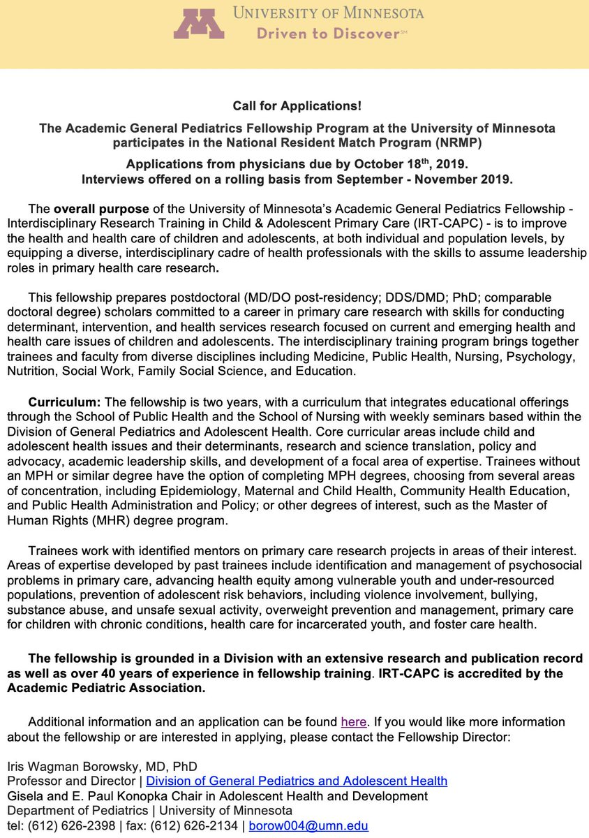 We are recruiting for our Academic General Pediatrics Fellowship! Please share widely. @NRMP #AcademicTwitter #AcademicPeds #MedPeds #AdolescentMedicine pediatrics.umn.edu/divisions/gene…