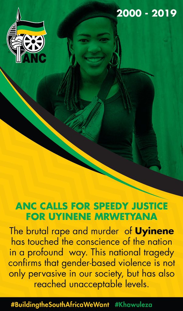 The brutal rape and murder  of Uyinene has touched the conscience of the nation in a profound  way. This national tragedy confirms that gender-based violence is not only pervasive in our society, but has also reached unacceptable levels
 #RememberingNene #StopViolenceAgainstWomen