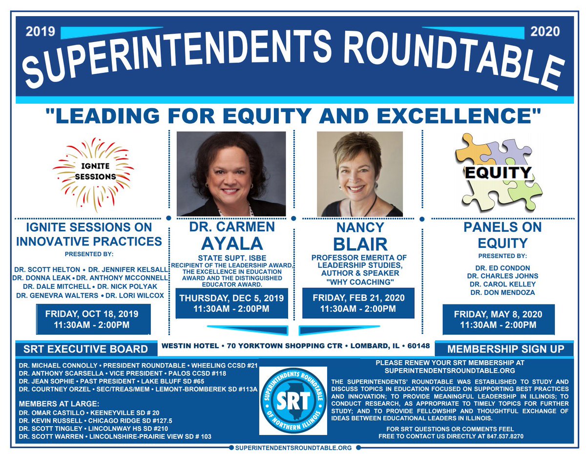 Have YOU registered for SRT this year? Our theme is Leading for Equity and Excellence....We have an amazing lineup of speakers ready to go...bring a team...don’t miss it! @kelley873 <a href="/SuptLeak/">Dr. Donna Leak</a> <a href="/DrCharlesJohns/">Charles Johns</a> <a href="/walters_genevra/">Genevra Walters</a> <a href="/mjzsupt/">Maura Zinni</a> Sign up here: superintendentsroundtable.org/membership/