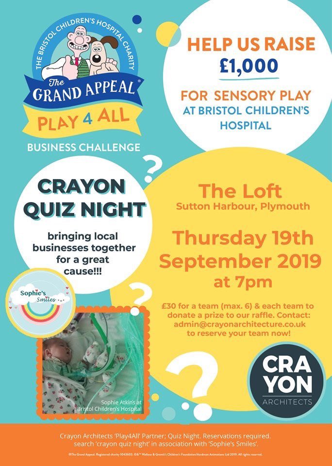 We can’t wait to take part in <a href="/CrayonAD/">Crayon Architects</a>’s #charity #quiznight, raising money for <a href="/thegrandappeal/">The Grand Appeal</a>... There’s still one table left <a href="/Devon_Hour/">#DevonHour</a> peeps... Come join us! #Plymouth #DevonHour