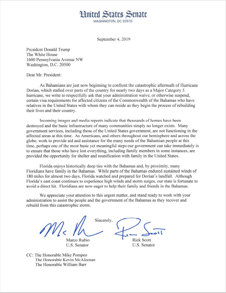 SenRickScott's tweet image. As the people of the Bahamas begin to rebuild after the devastation of #Dorian, Florida stands ready to help. 

Today @marcorubio and I sent a letter to @POTUS asking him to waive some visa requirements for Bahamian citizens with relatives residing in the US.