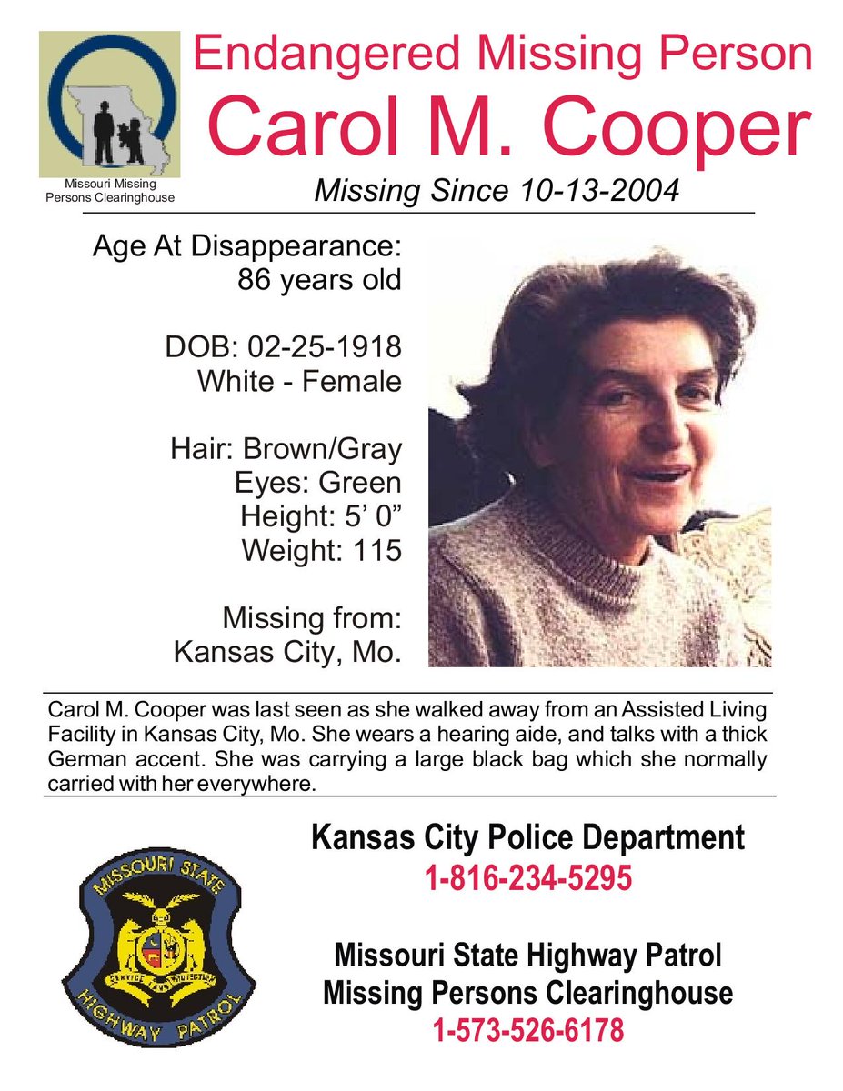 missinginmo's tweet photo. Carol Cooper was 86 years old when she disappeared from an assisted living facility in Kansas City, MO in October 2004. Born in 1918, Carol had green eyes and a thick German accent. #missinginmo #missingperson https://t.co/40Cli7ul87