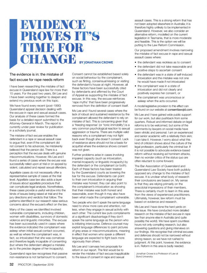 drjoncrowe's tweet photo. Here's my piece in Proctor (the Qld Law Society journal) on why the mistake of fact excuse for rape needs reform @bri_lee_writer @wlsq #ConsentLawQLD https://t.co/tNqboBOYFY