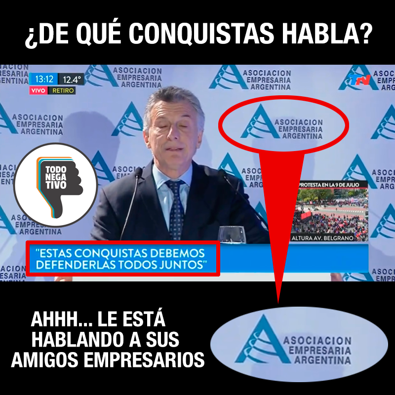 TodoNegativo's tweet photo. Macri rompió el silencio en el evento que organizó la Asociación Empresaria Argentina (AEA)... juega de local. 😉

#BuenMiercoles 
#EmergenciaAlimentaria 
#CepoDeMacri https://t.co/swdAPH5Hnx