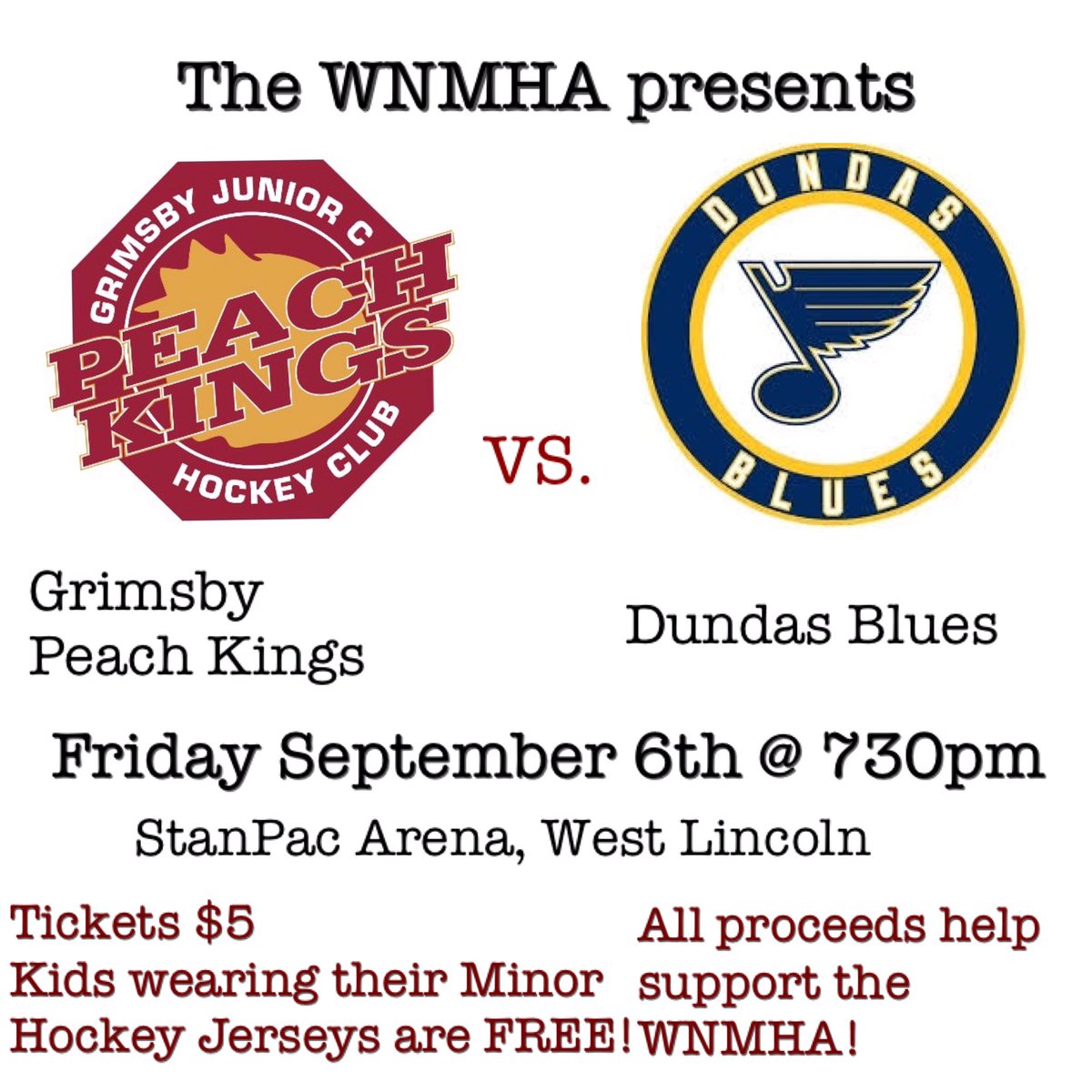 UPDATED PUCK DROP: Friday Night Hockey! Watch the Grimsby Peach Kings take on the Dundas Blues in their exhibition game this Friday in West Lincoln! Proceeds help support the WNMHA! Puck drops at 730pm! #PeachKings #GrimsbyON #WNMHA #Hockey #ExhibitionGame