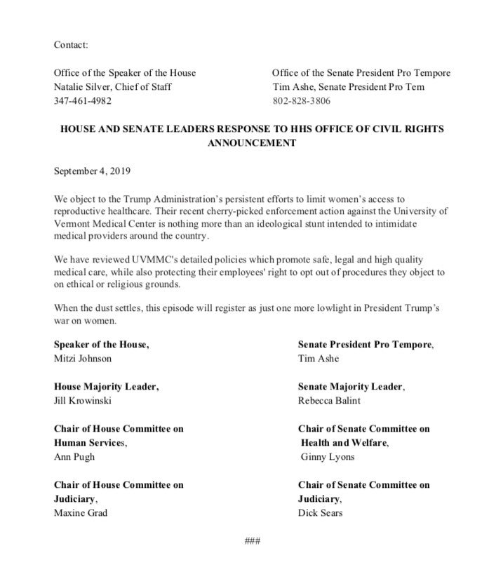 MitziJohnsonVT's tweet photo. I object to any effort to limit or obstruct a woman’s constitional right to an abortion and firmly support @UVMMedCenter in their efforts to provide safe and legal medical care to every patient. #vtpoli

Joint statement from House and Senate leadership ⤵️ https://t.co/51jNqlSJbk