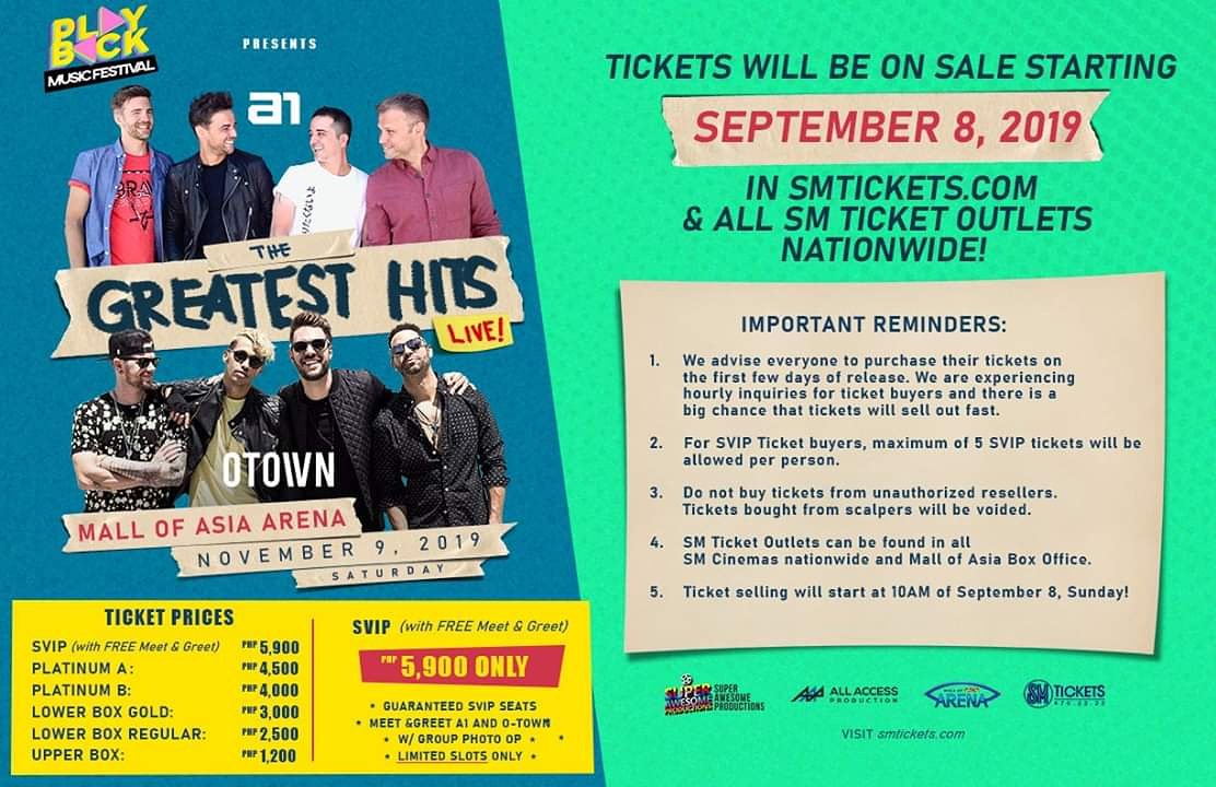 SoundCheckMNL's tweet photo. Take note of these reminders!
Ticket selling begins on September 8, 2019 through @sm_tickets ! #PlaybackMusicFestival @PlaybackFest with #A1 @A1Official
 and #OTown @OTownOfficial #ThrowbackDoneRight #Playback #PlaybackPresents #GreatestHitsSeries #Throwbackfans https://t.co/4L221HRadq