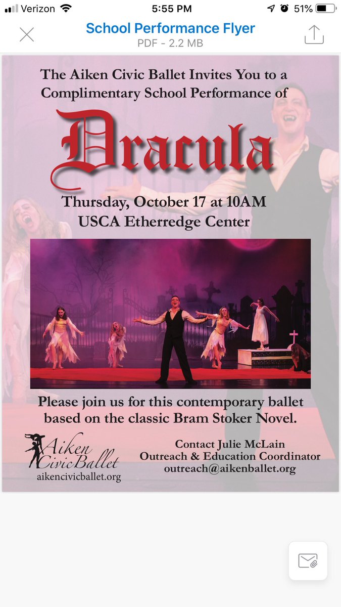 Attention Aiken County teachers! The Aiken Civic Ballet is holding a special school performance of Dracula for area students. Please contact Julie McLain at: outreach@aikenballet.org for more information