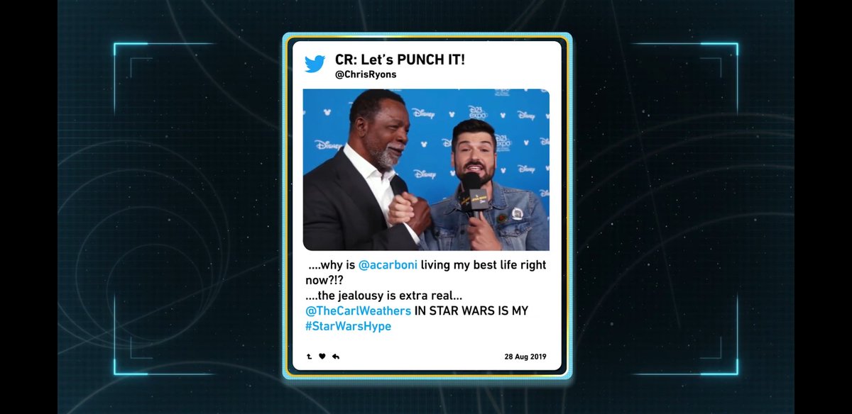 @DeeGoots , @acarboni 
Thanks for the shout out!
#StarWarsShow
Totally made my week...month..year? Yeah! 😁
Seriously, @TheCarlWeathers in #StarWars makes me stoopid happy!