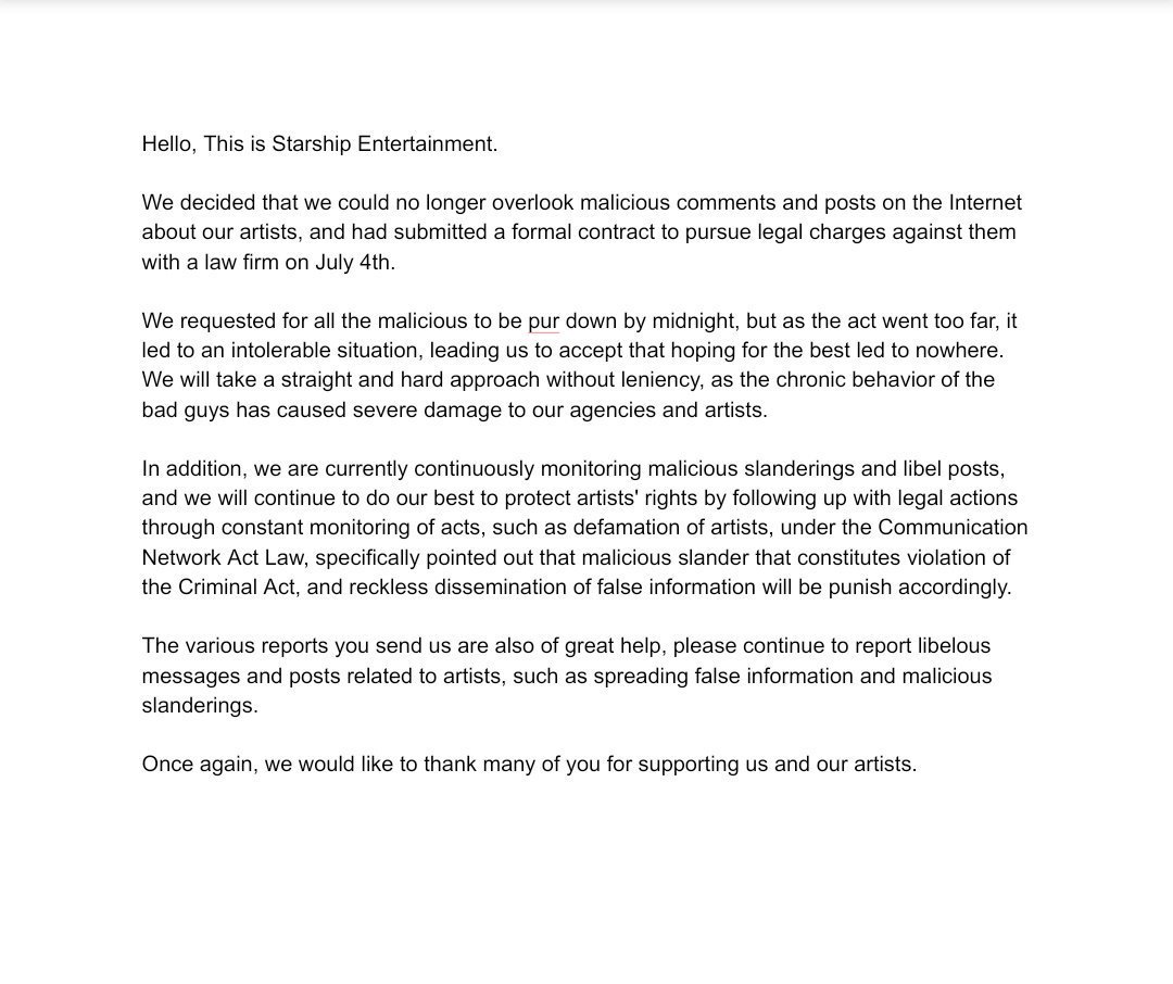 any_mbb's tweet photo. ⚠ ATTENTION MONBEBES ⚠

We know that every big group has a bunch of haters, same with MX. But this year it becames too much for them. Wonho even posted on fancafe about it. Now Starship is taking legal actions against who post malicious things/accuse MX without any legit proofs https://t.co/2MDtnQLeK7