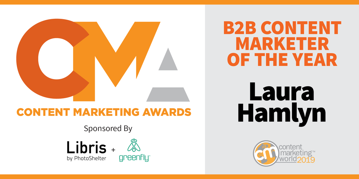 CMIContent's tweet photo. Congratulations to this year’s B2B Content Marketer of the Year @LauraHamlyn. #CMWorld https://t.co/pSskI45yDT