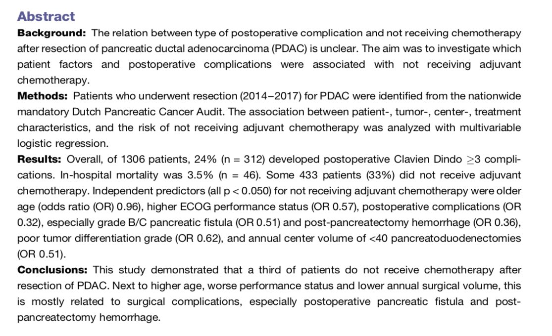MarcBesselink's tweet photo. Nationwide study @hpbjournal: 33% of 1306 pts did not receive adj chemo after resection of #PancreaticCancer. Next to higher age, worse perform. status and annual volume <40 Whipples, this is mostly related to surgical complications https://t.co/cNy7GvTiio https://t.co/hKUp8vaMsW