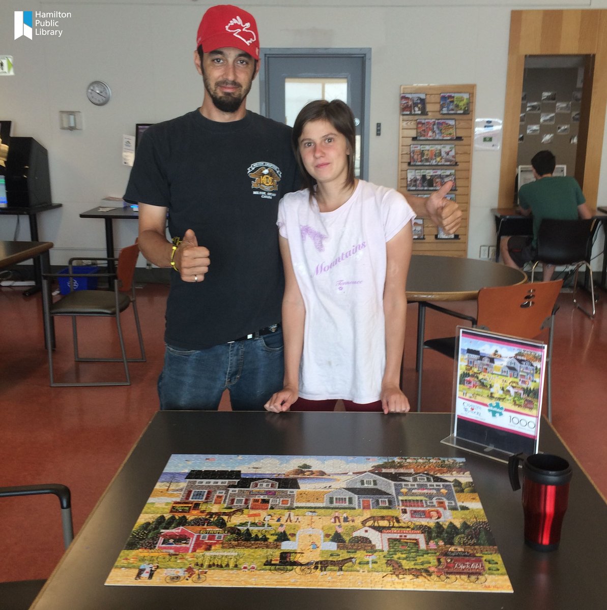 HamiltonLibrary's tweet photo. Shaun and Amy are back at it again. This time they finished this cute 1,000 piece puzzle in record time at #HPLBarton - just under 2 hours! Great teamwork! #HamOnt #libraries #summerfun https://t.co/vjHXXu2Hqq https://t.co/GjrWzCdk7d