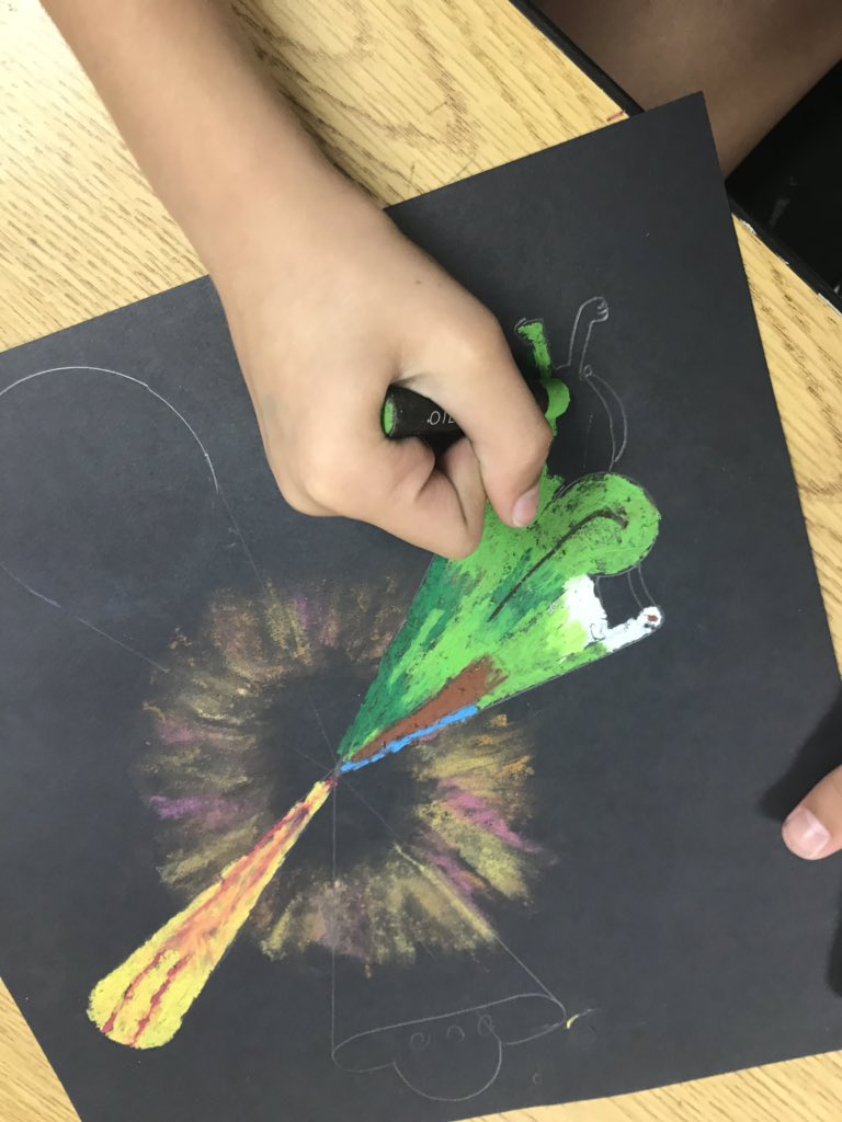 TigerTOESart's tweet photo. A black hole can have up to MILLIONS of TIMES the mass of our sun trapped in a point smaller than the tip of a pen?! 🤯 5th gr uses perspective to create the effect of a singularity &amp; spaghettification. The results are out of this world! #TaraO @NASA https://t.co/ShuVcrNaID