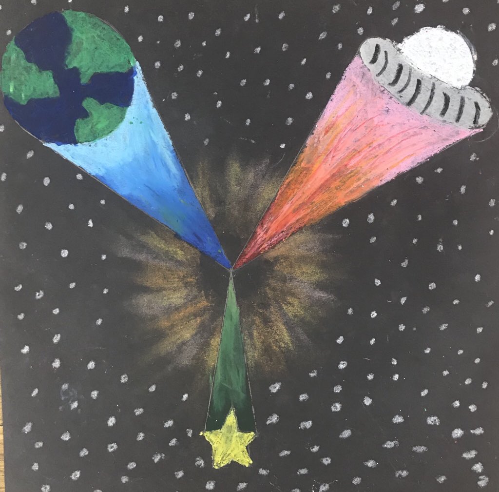 TigerTOESart's tweet photo. A black hole can have up to MILLIONS of TIMES the mass of our sun trapped in a point smaller than the tip of a pen?! 🤯 5th gr uses perspective to create the effect of a singularity &amp; spaghettification. The results are out of this world! #TaraO @NASA https://t.co/ShuVcrNaID