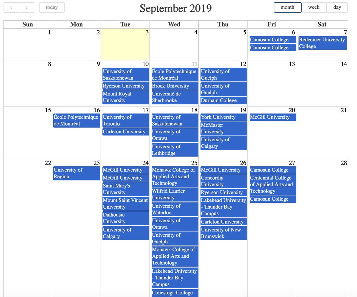 There are almost 50 campus career fairs in Canada this month!

Access a free directory of 200+ Canadian campus career fairs for 2019-20 at brainstorm.ca and click on "Resources".