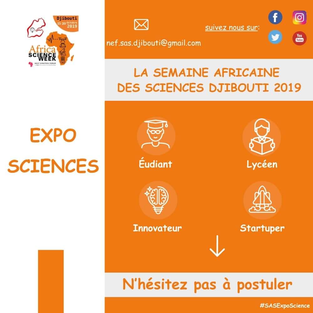 SASDjibouti's tweet photo. 📣 Dans le cadre de la Semaine Africaine des Sciences qui sera organisée pour la 1ère fois à Djibouti du 13 au 20 octobre 2019, une activité " EXPO SCIENCES" est au programme. #Djibouti #Stem4All #Stem4Dev #Stem4Good #Nef #SasDjibouti2019 #SASExspoScience https://t.co/b4B4zT0z9m