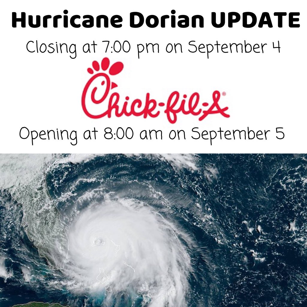 CFAStatesboro's tweet photo. It is our goal to keep our team members and guests safe. We plan on closing at 7:00 pm tonight and open at 8:00 am tomorrow. If something should change, we will post on our page. Thank you for understanding and we look forward to serving you all. #hurricanedorian #cfaboro https://t.co/84FUkRvc5w