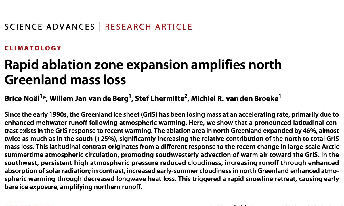 The Greenland ice sheet 🇬🇱 is losing mass at an accelerating rate since 1990. However, we show in a new <a href="/ScienceAdvances/">Science Advances</a> study that the runoff increase is much stronger in the North than in the South: a thread [1/n]
advances.sciencemag.org/content/5/9/ea…