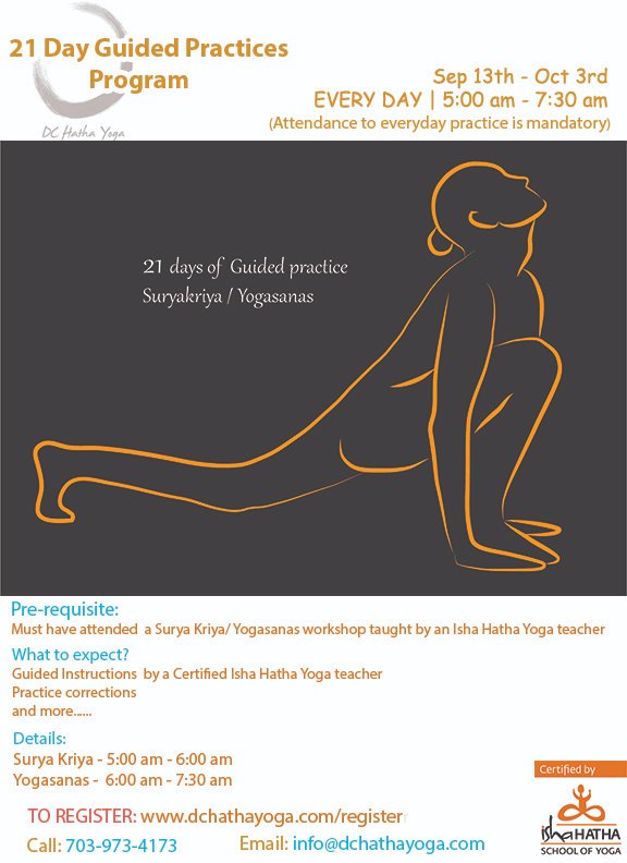 DCHathaYoga's tweet photo. 21 days of Guided Practices - Program
SEP 13th - Oct 3rd, 2019

Choose between 11/ 21 days

EVERY DAY GUIDED PRACTICES for Surya Kriya and/or Yogasanas.

Registrations open :  https://t.co/gQdtDkj3lM https://t.co/whrkY18488
