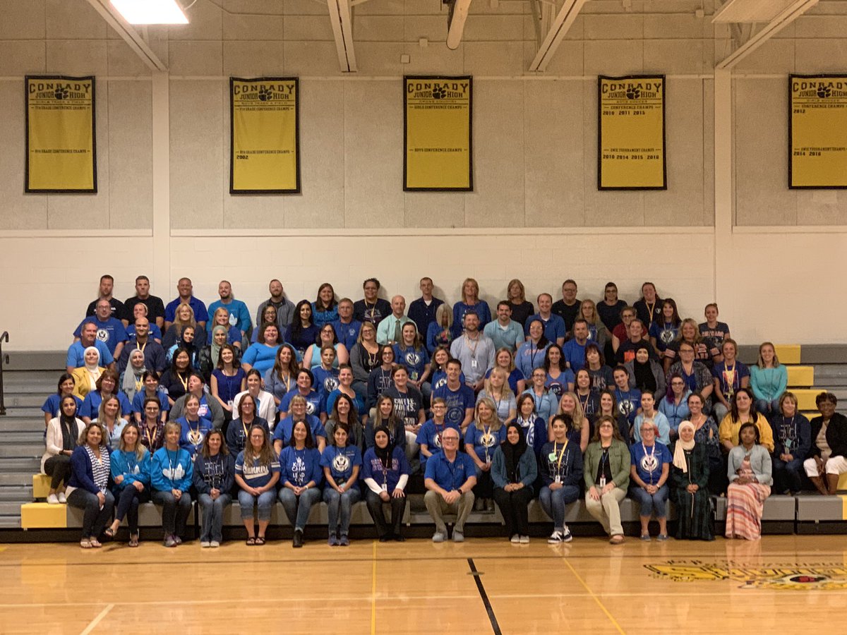Our staff is better looking than yours!! Building our school community one TEAM day at a time.  👀 at all that blue!
#ConradyJaguars  #OneTeamOneDream #NPD117