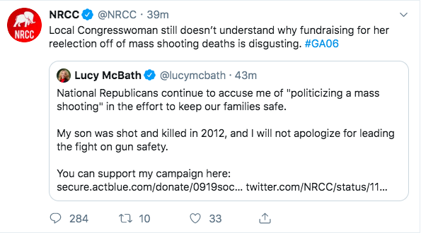 lucymcbath's tweet photo. Advocating for gun safety is not "disgusting," @NRCC. What is “disgusting” is that my teenage son was killed for listening to loud music.

People are investing in our movement because they know we will make meaningful changes in Washington. 

Invest here: https://t.co/dyc0rZ1UQV https://t.co/PIJBQWdV5d