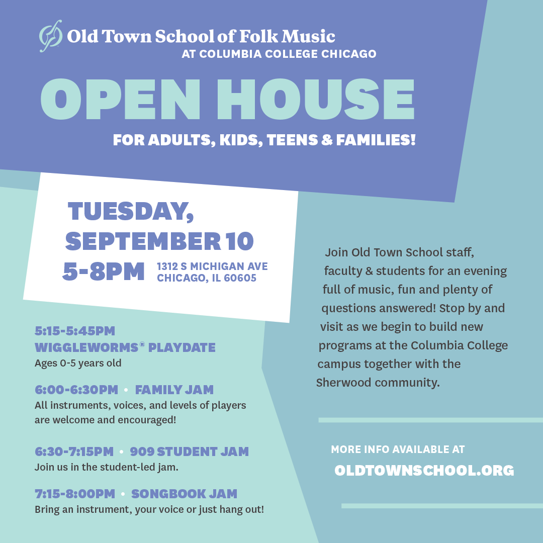 As part of our new partnership with <a href="/oldtownschool/">Old Town School</a>, we are THRILLED to open up the doors of 1312 S. Michigan Ave. on Tuesday, September 10 from 5-8pm for #Wiggleworms, open #jams, and other fun stuff for all ages <a href="/ColumbiaChi/">Columbia College Chicago</a> in the glorious #SouthLoop!