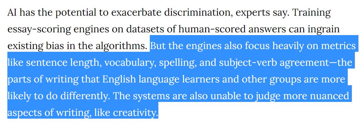 math_rachel's tweet photo. Essay grading software (used in 21 states) focuses on metrics like sentence length, vocab, spelling, & subject-verb agreement, but ignores hard-to-measure aspects like creativity.
Meaningless gibberish essays created with sophisticated words score well.
https://t.co/ESgE8WSRO2 https://t.co/sxC37KiH3Q
