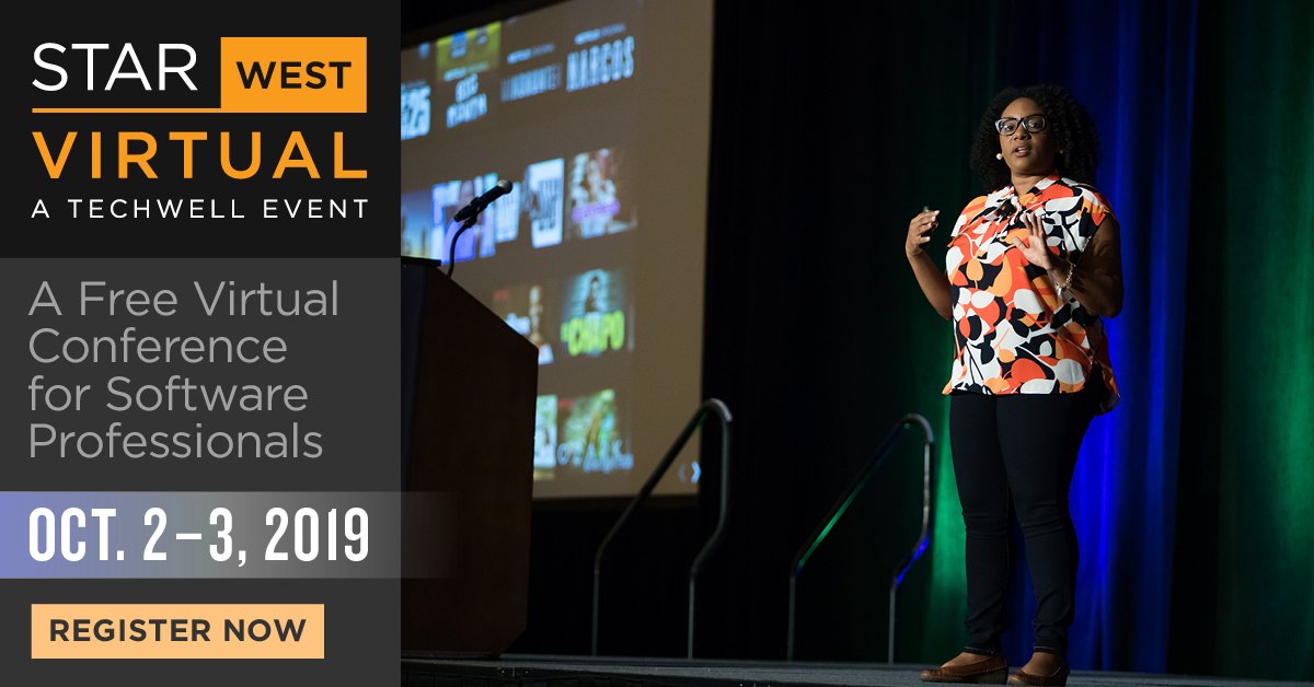 TechWell's tweet photo. Join us October 2-3 for the annual free virtual conference for #software #testing #QA professionals. Watch keynotes, select sessions, and interviews streamed live from STARWEST. Chat with fellow attendees and learn together. https://t.co/96quwCKh7v https://t.co/fPkjCFnET4