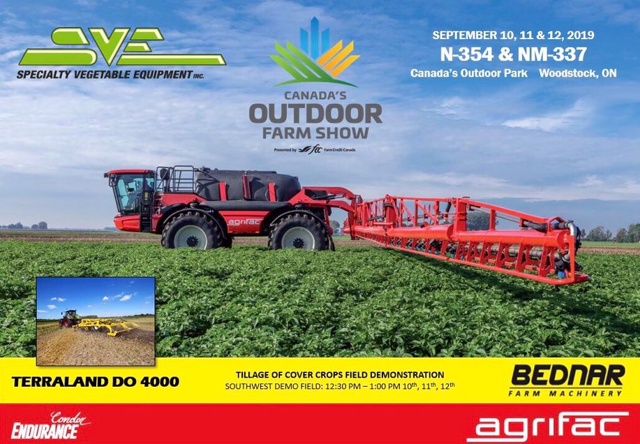 EXCITING NEWS! We have 2 booths at <a href="/outdoorfarmshow/">Canada's Outdoor Farm Show</a> this year! Come visit us at N-354 &amp; NM-337 September 10th, 11th &amp; 12th. We will also be demoing our #Bednar Terraland DO 4000 at the southwest demo field each day from 12:30-1:00. #ontag <a href="/Agrifac/">Agrifac Machinery BV</a>