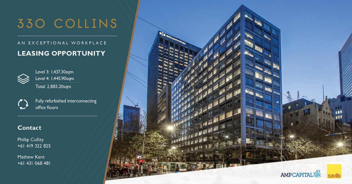 SavillsAus's tweet photo. On behalf of @AMPCapital, #SavillsVIC is pleased to advise that two contiguous floors are now available for lease at 330 #CollinsSt, Melbourne. Located in the epicentre of the city, these interconnected floors provide up to 2,883sq m of #AGrade #officespace https://t.co/Lg9NcAcw35